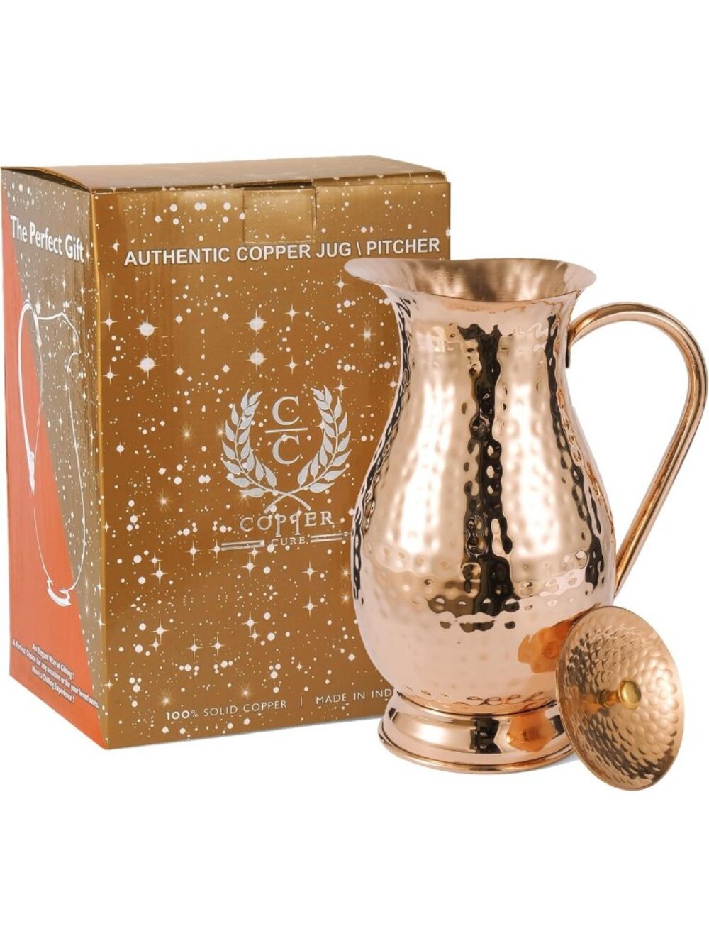 Handcrafted Copper Pitcher with Lid - 70 Oz Hammered Water Carafe for Home